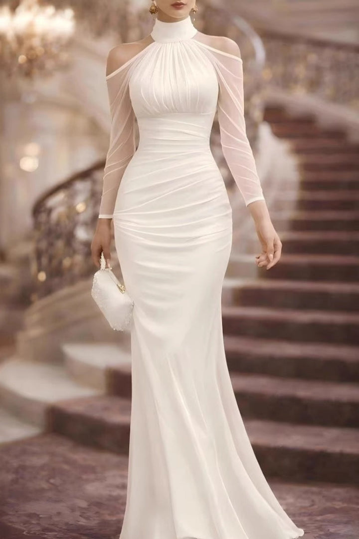 Halter Cold-Shoulder Sheer Sleeve Maxi Gown