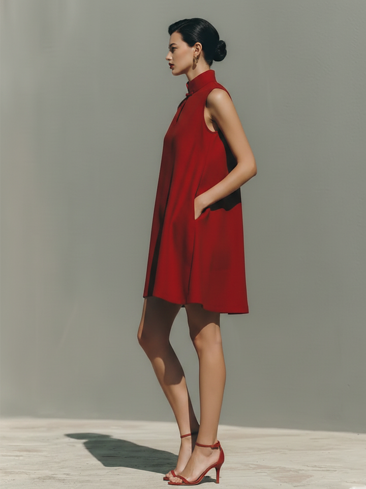 Women's Red Lightweight Linen Dress With Keyhole Neck & Flared Hem, Contemporary Effortless-Casual Style Dress MDZ0203D4I