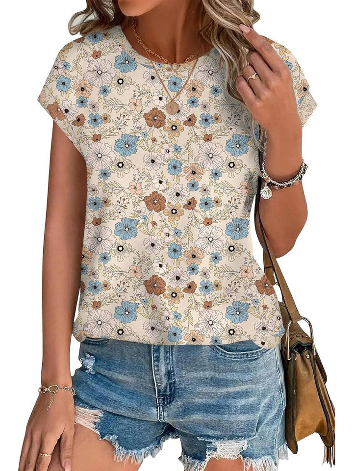 Meadow | Women's Leaf Print Crew Neck Cap Sleeve Casual Top