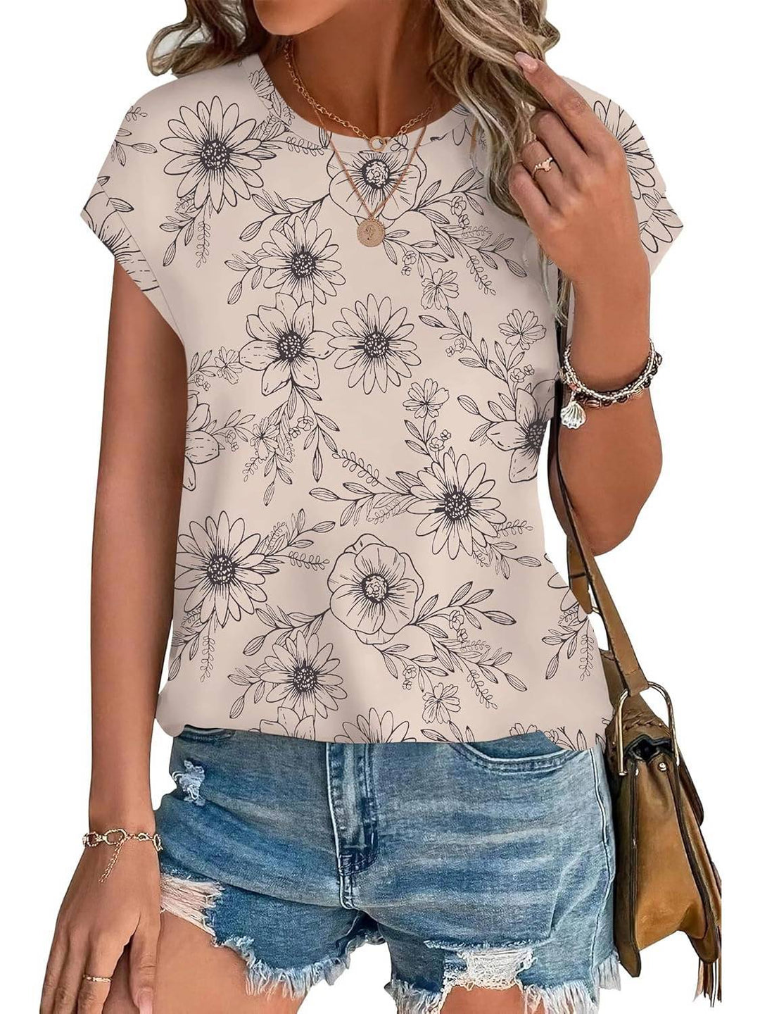 Meadow | Women's Leaf Print Crew Neck Cap Sleeve Casual Top