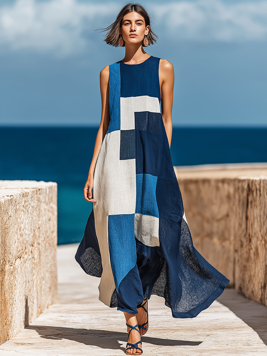 Geometric Retro Casual Print Round Neck Sleeveless Midi Dress