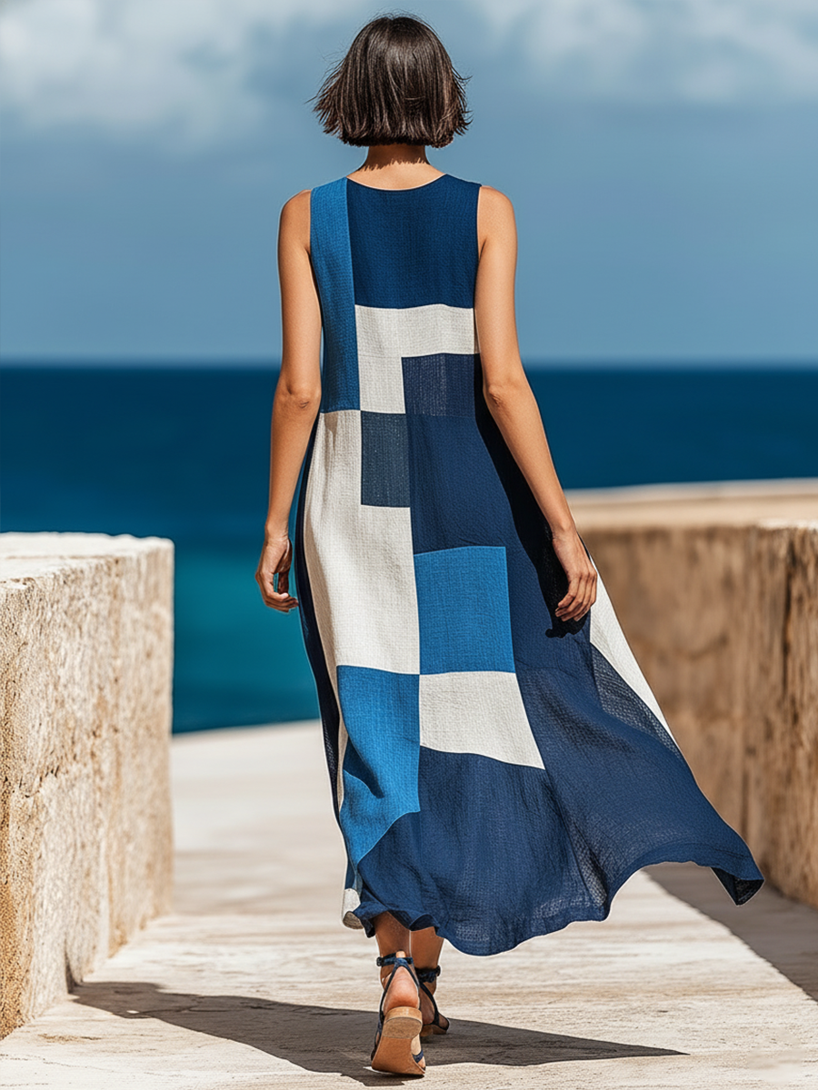 Geometric Retro Casual Print Round Neck Sleeveless Midi Dress