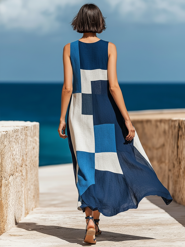 Geometric Retro Casual Print Round Neck Sleeveless Midi Dress