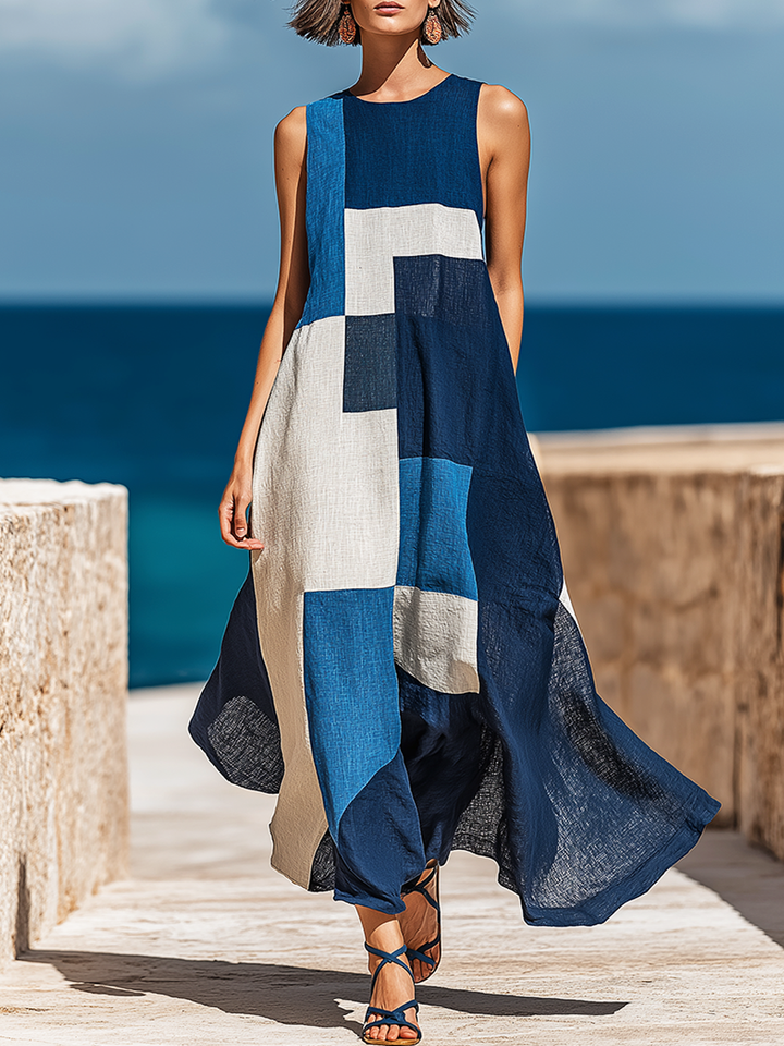 Geometric Retro Casual Print Round Neck Sleeveless Midi Dress