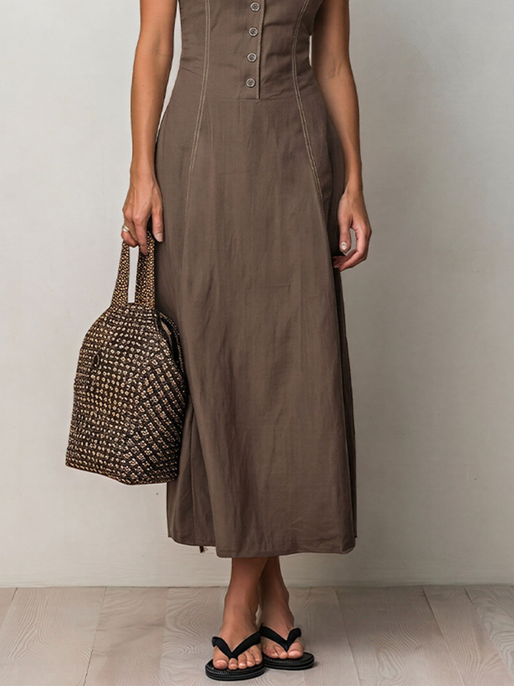 Women's Brown Linen-Blend Midi Dress With Contrast Stitch & Button Front, Timeless Casual Everyday Dress MDZ2700D0LYL