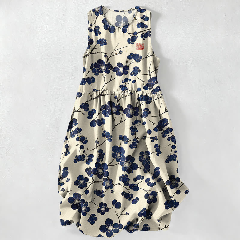 Buddha Stones Summer Casual Indigo Floral Leaves Pattern Women's Summer Sleeveless Midi Dress With Pockets