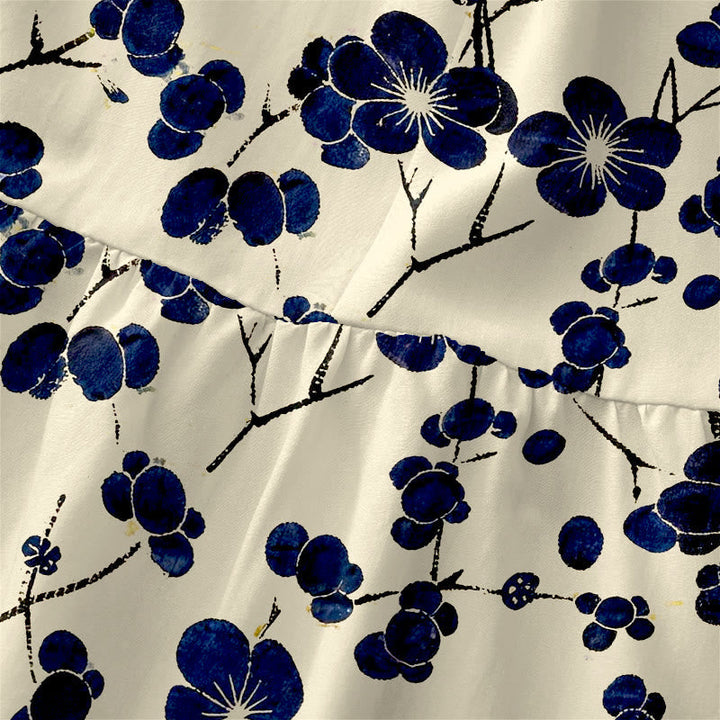 Buddha Stones Summer Casual Indigo Floral Leaves Pattern Women's Summer Sleeveless Midi Dress With Pockets