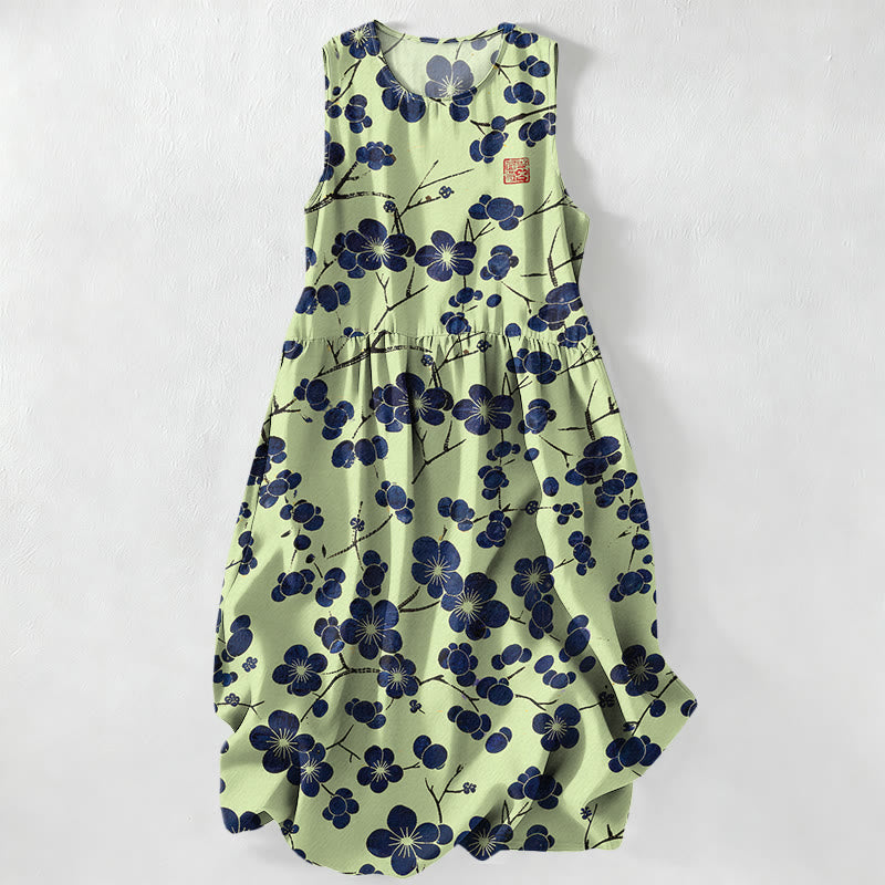 Buddha Stones Summer Casual Indigo Floral Leaves Pattern Women's Summer Sleeveless Midi Dress With Pockets