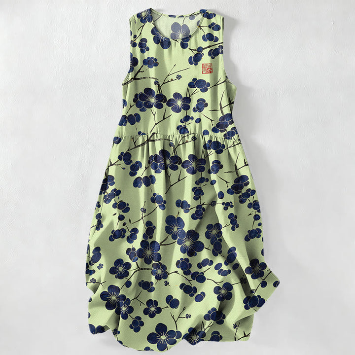 Buddha Stones Summer Casual Indigo Floral Leaves Pattern Women's Summer Sleeveless Midi Dress With Pockets
