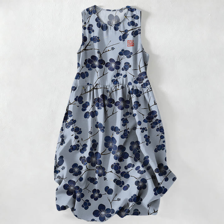 Buddha Stones Summer Casual Indigo Floral Leaves Pattern Women's Summer Sleeveless Midi Dress With Pockets