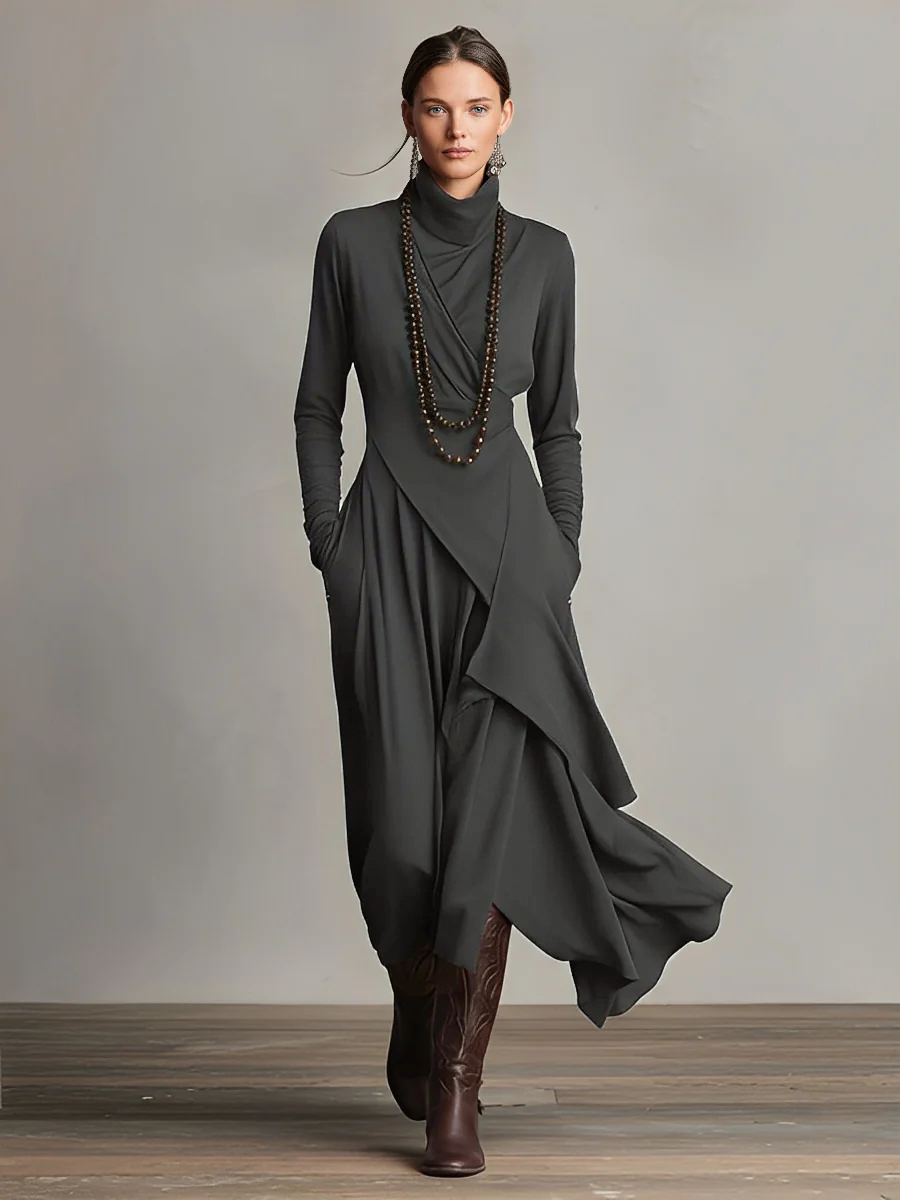 Women's Purple Bohemian Cotton Stretch Turtleneck Asymmetrical Draped Maxi Dress MDA2055J9I