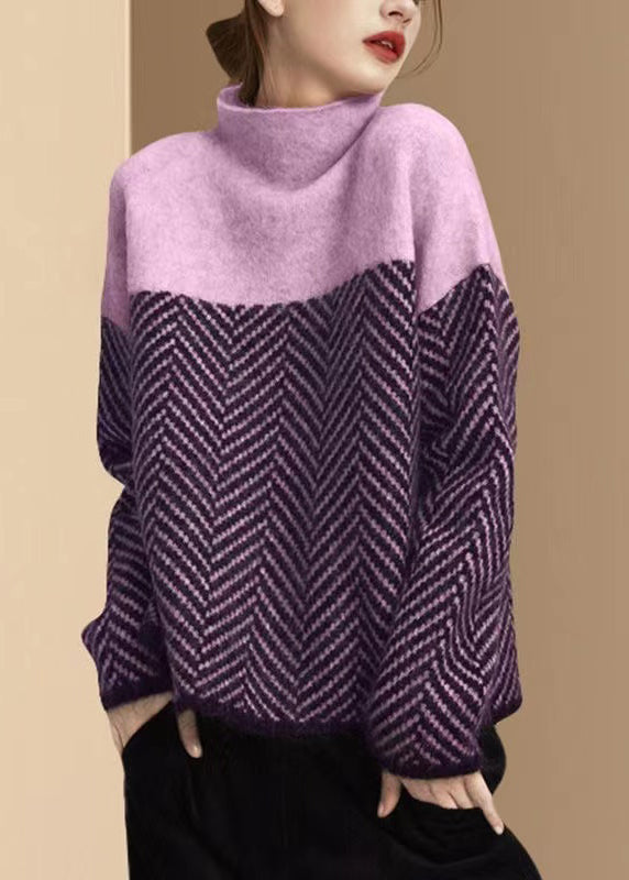 Melbourne |  Khaki Turtle Neck Patchwork Knit Pullover Winter