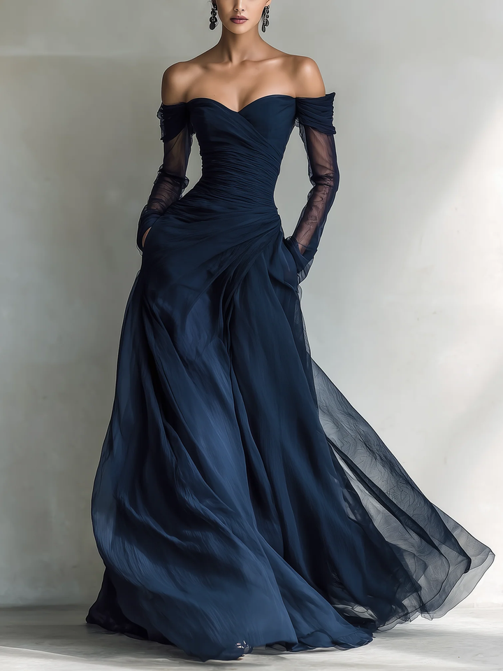 Elegant Dark Blue Long-Sleeve Off-Shoulder Chiffon Organza Maxi Dress