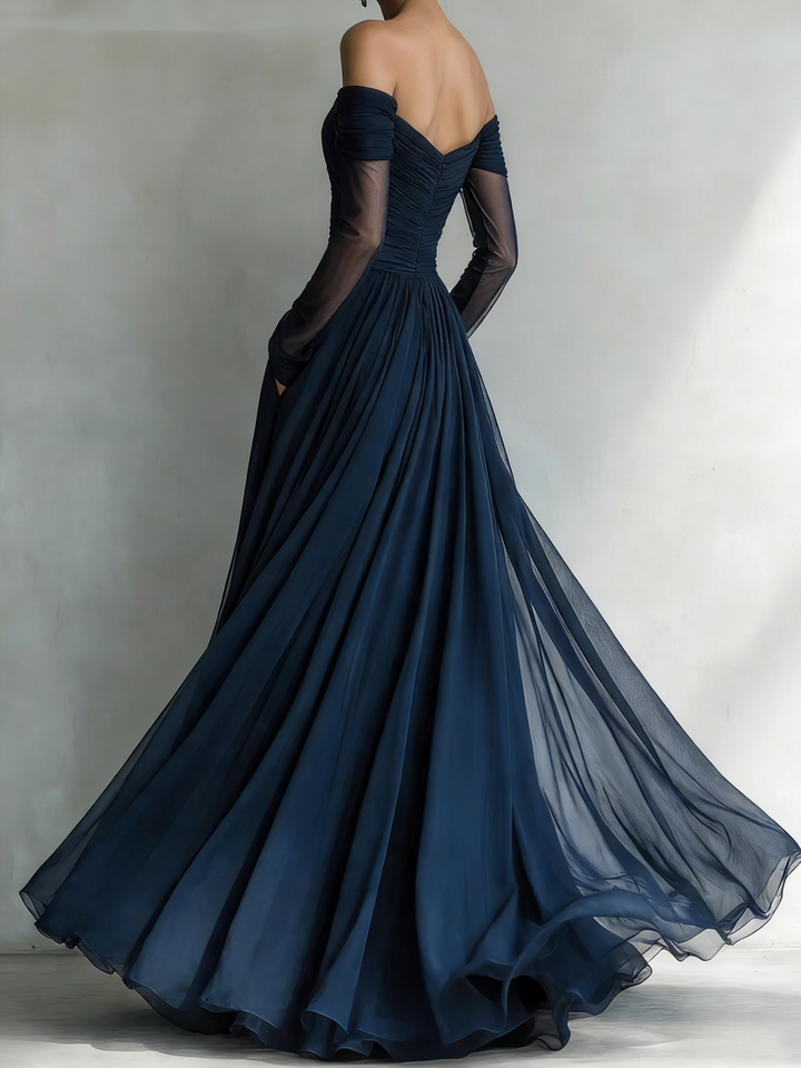 Elegant Dark Blue Long-Sleeve Off-Shoulder Chiffon Organza Maxi Dress