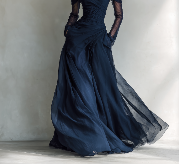 Elegant Dark Blue Long-Sleeve Off-Shoulder Chiffon Organza Maxi Dress