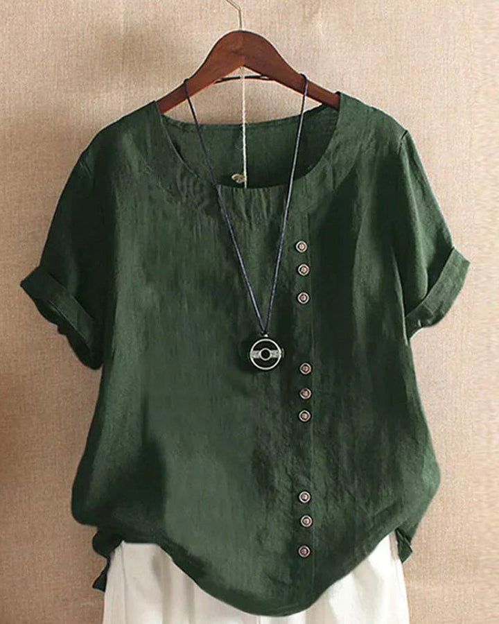 Linen | Women's Button Front Crew Neck Short Sleeve Casual Top
