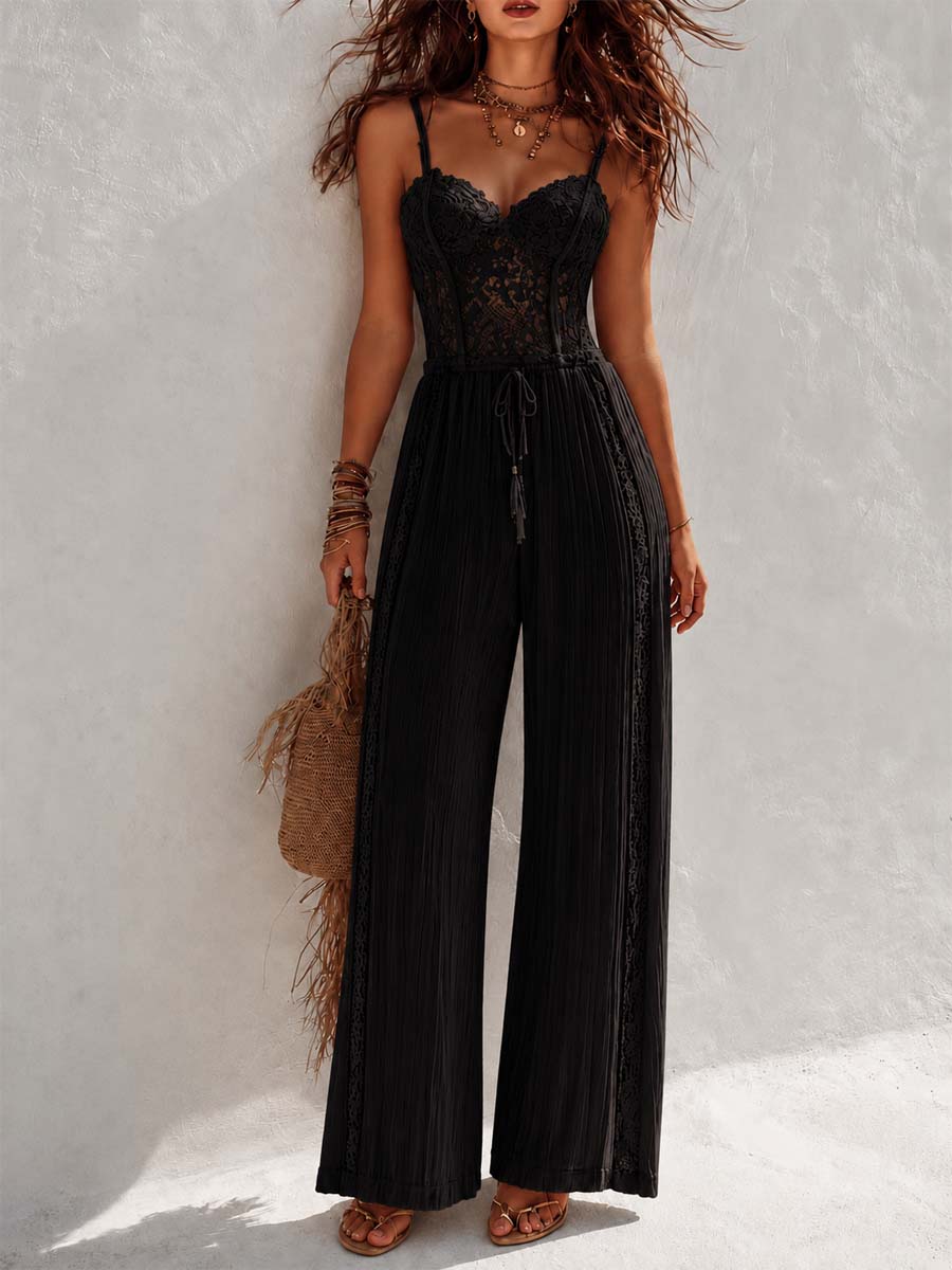 Bohemian Cream Lace Corset And Pleated Wide-Leg Jumpsuit