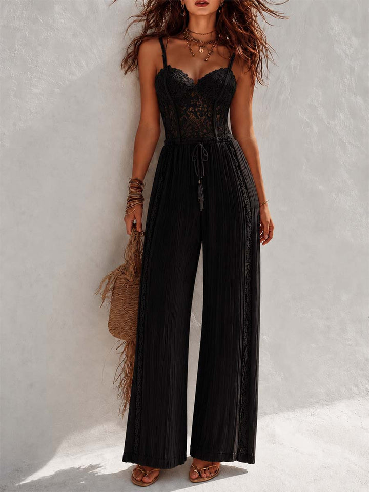 Bohemian Cream Lace Corset And Pleated Wide-Leg Jumpsuit