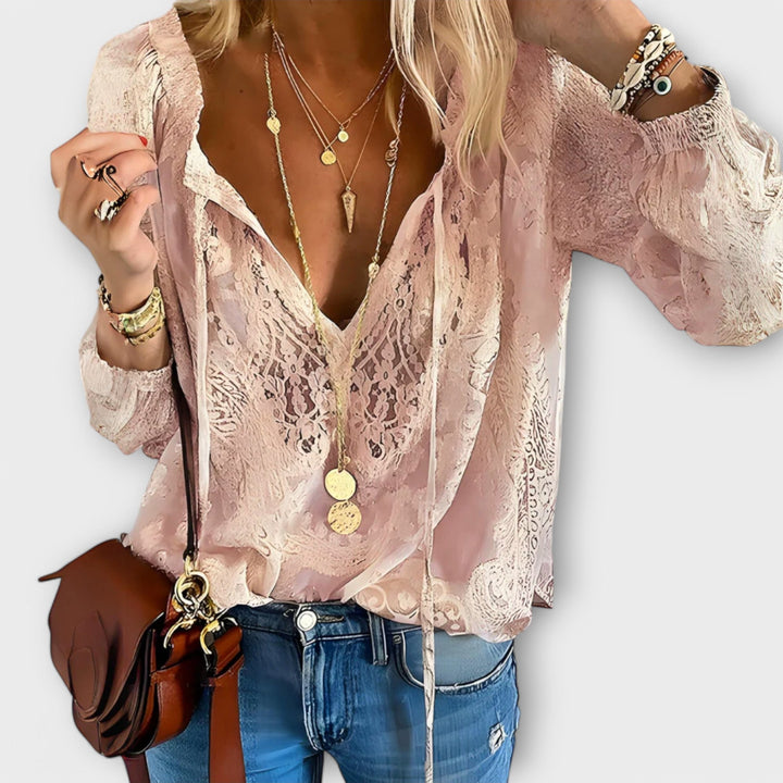 Celeste | Women's Lace V-Neck Blouse Long Sleeve Boho Top