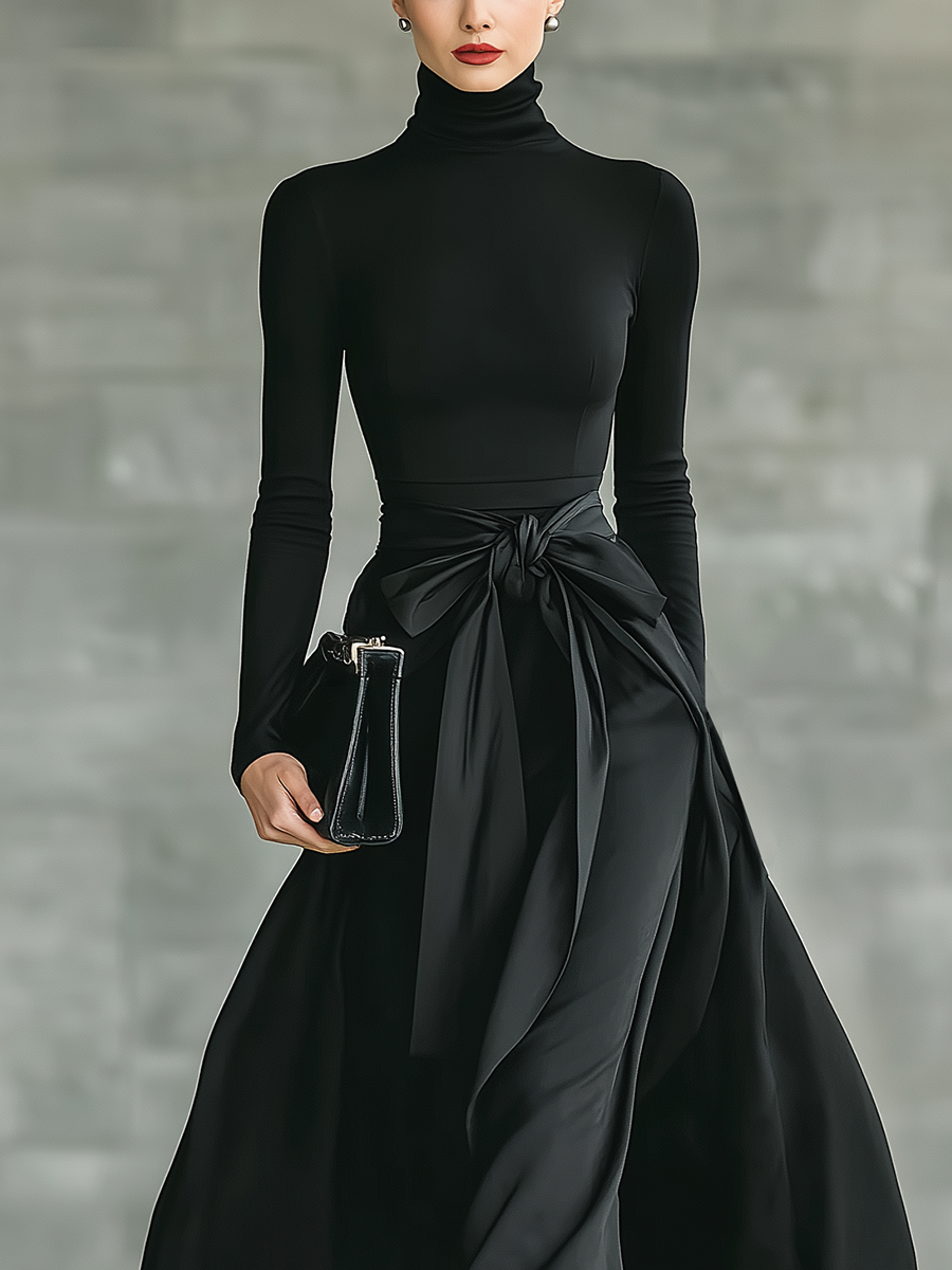Women's Black High-Neck High-Stretch Knitted And Satin Flared Maxi Dress MDA2851J4T