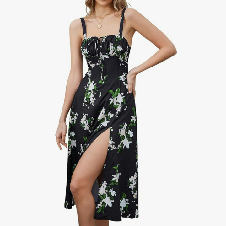 ARIELLOU™ – Elegant Lace-Up Square Neck Midi Dress