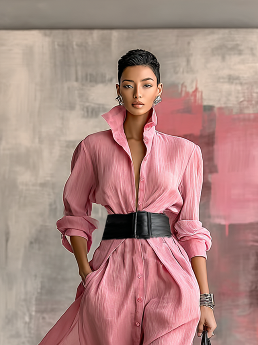 Women's Solid Color Lapel Long Sleeve Single Breasted Belt Maxi Shirt Dress MDA0917G0Y