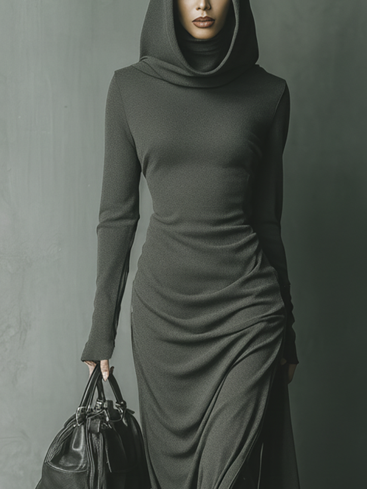 Women's Dark Grey High Elastic Knitted Hooded Maxi Dress MDA1303J1T