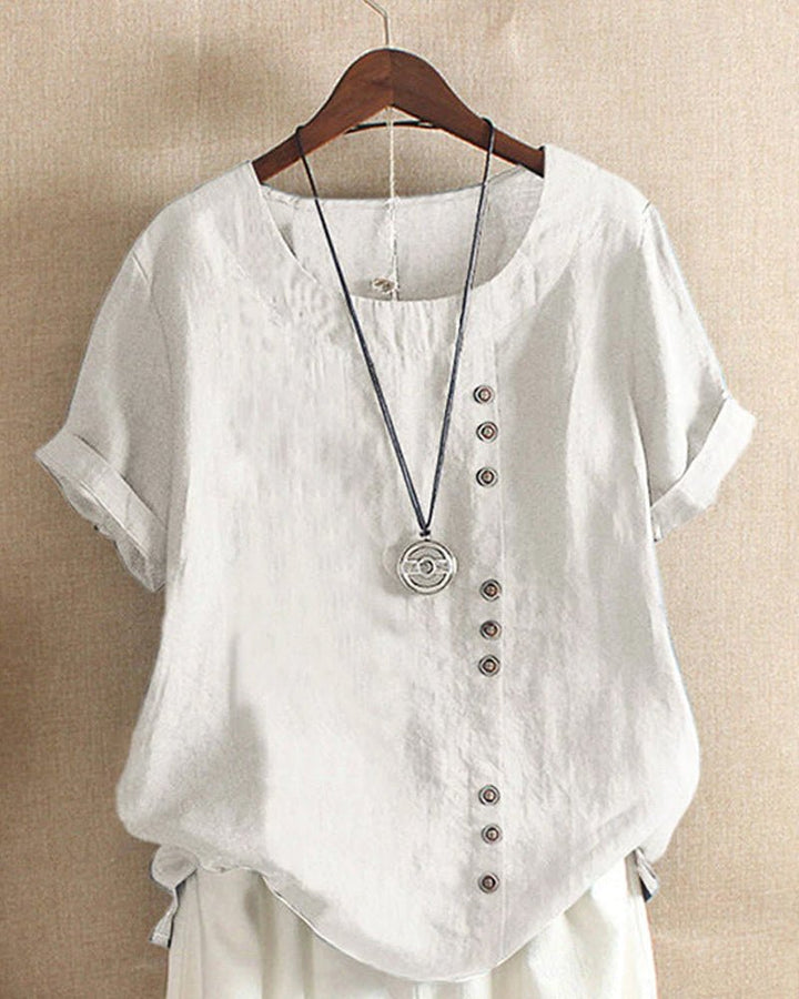 Linen | Women's Button Front Crew Neck Short Sleeve Casual Top