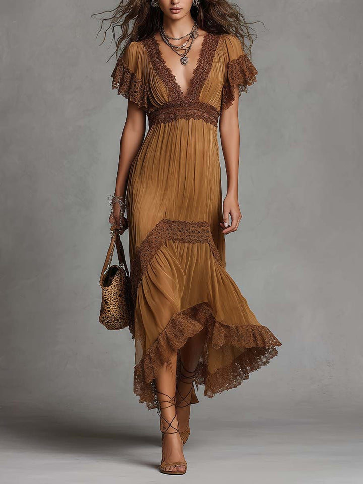Boho Lace Trim Flutter Sleeve High Low Chiffon Midi Dress