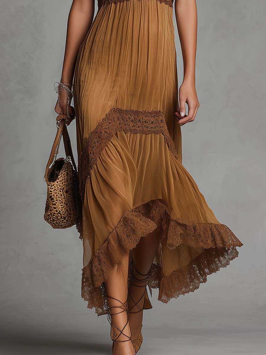 Boho Lace Trim Flutter Sleeve High Low Chiffon Midi Dress