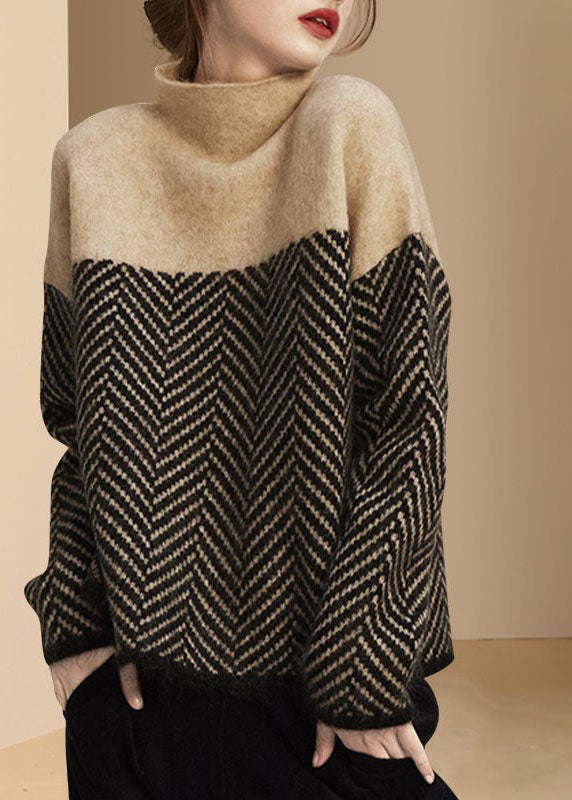 Melbourne |  Khaki Turtle Neck Patchwork Knit Pullover Winter