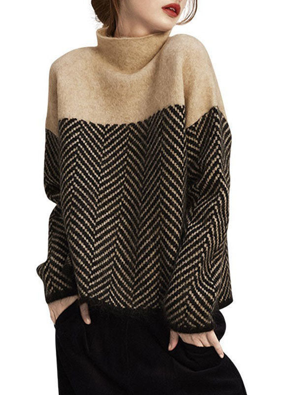 Melbourne |  Khaki Turtle Neck Patchwork Knit Pullover Winter