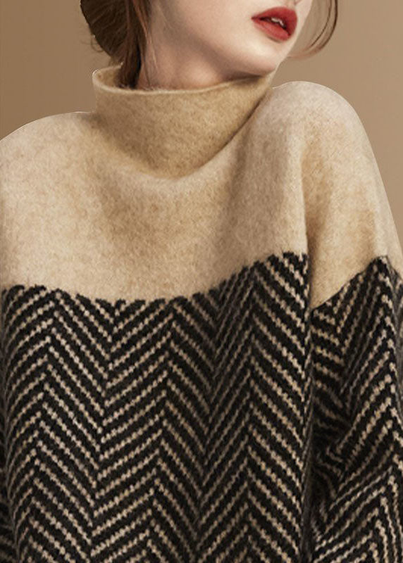 Melbourne |  Khaki Turtle Neck Patchwork Knit Pullover Winter