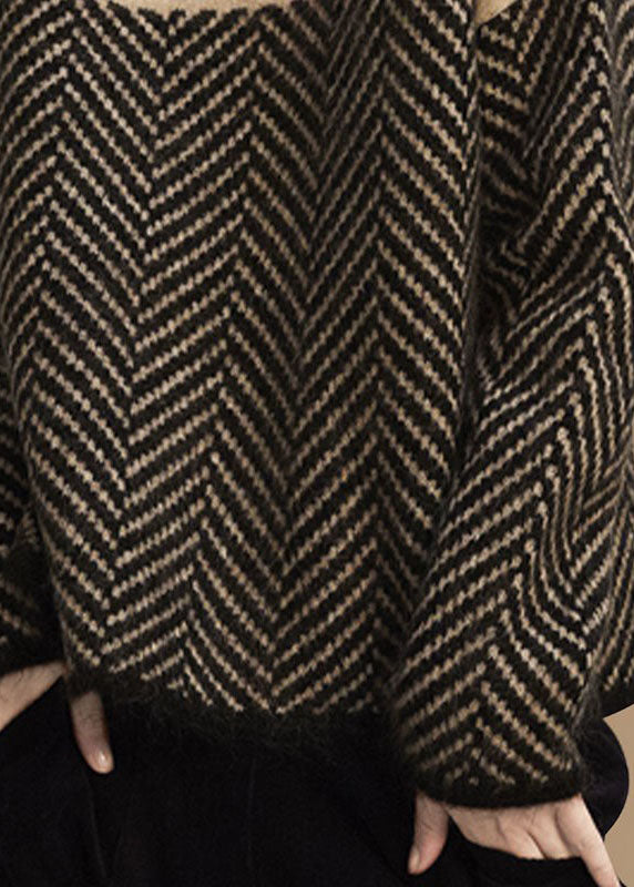 Melbourne |  Khaki Turtle Neck Patchwork Knit Pullover Winter
