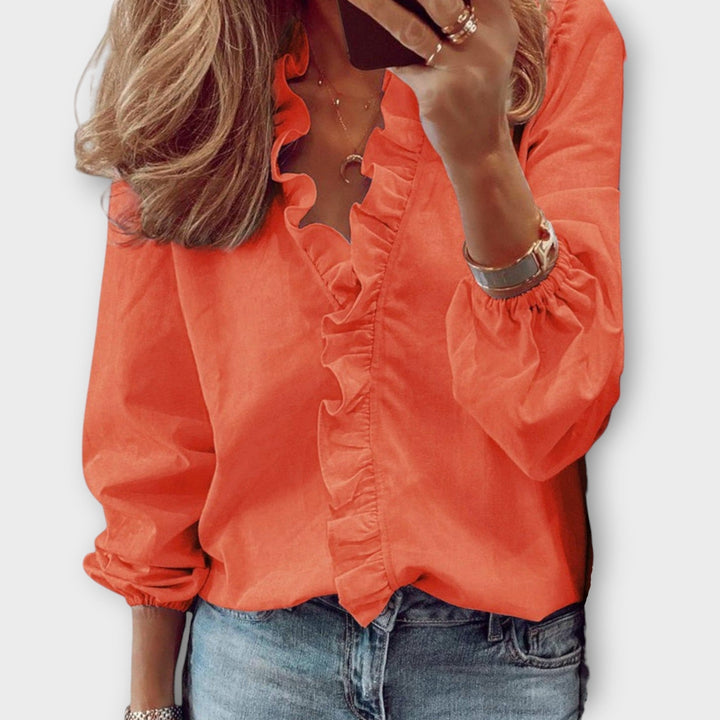 Celeste | Women's Ruffle Front V-Neck Long Sleeve Blouse