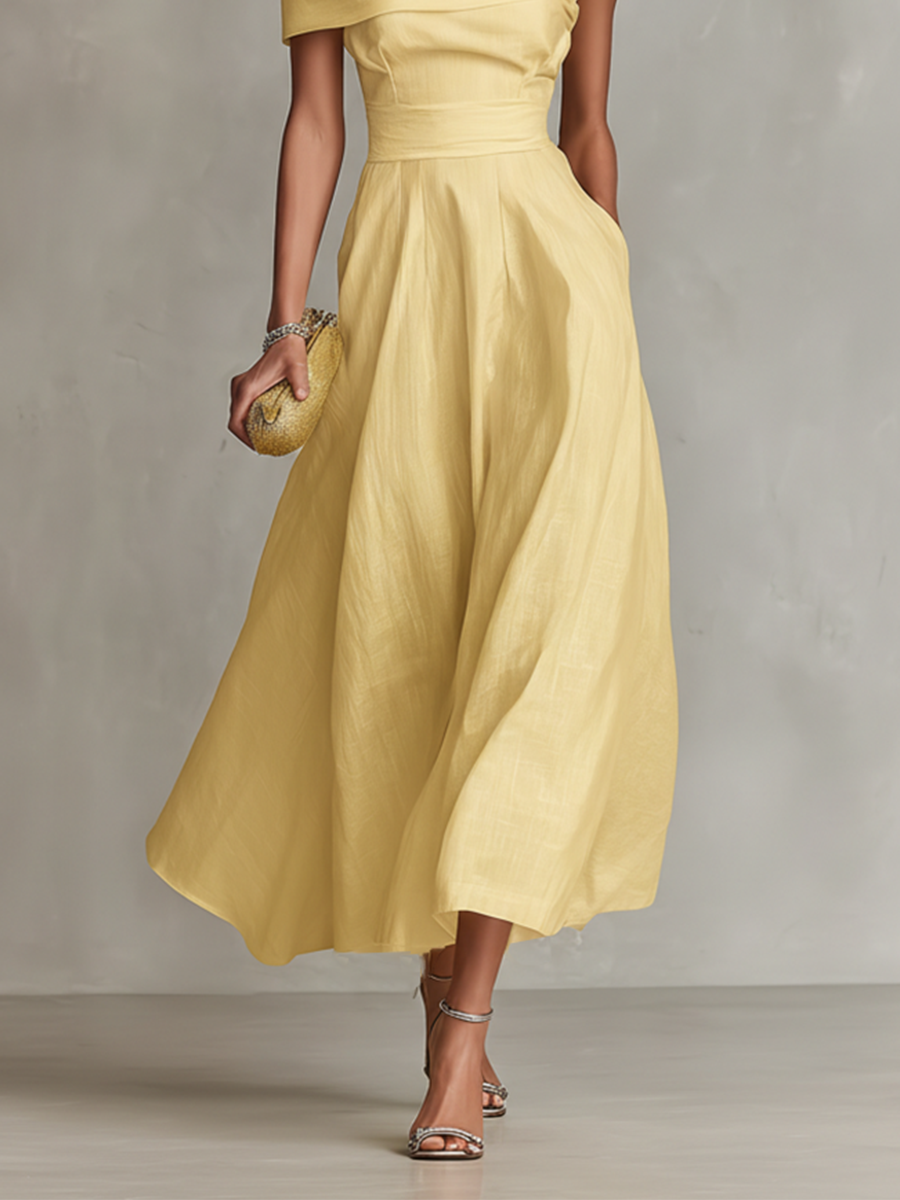 Women's Yellow Linen Dress With One-Shoulder Neckline & Fitted Waist, Timeless Elegant-Chic Style Dress MDZ2630B3I