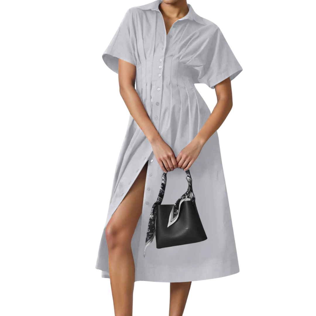DORINDA™ – Pleated Waist-Cinching Shirt Dress