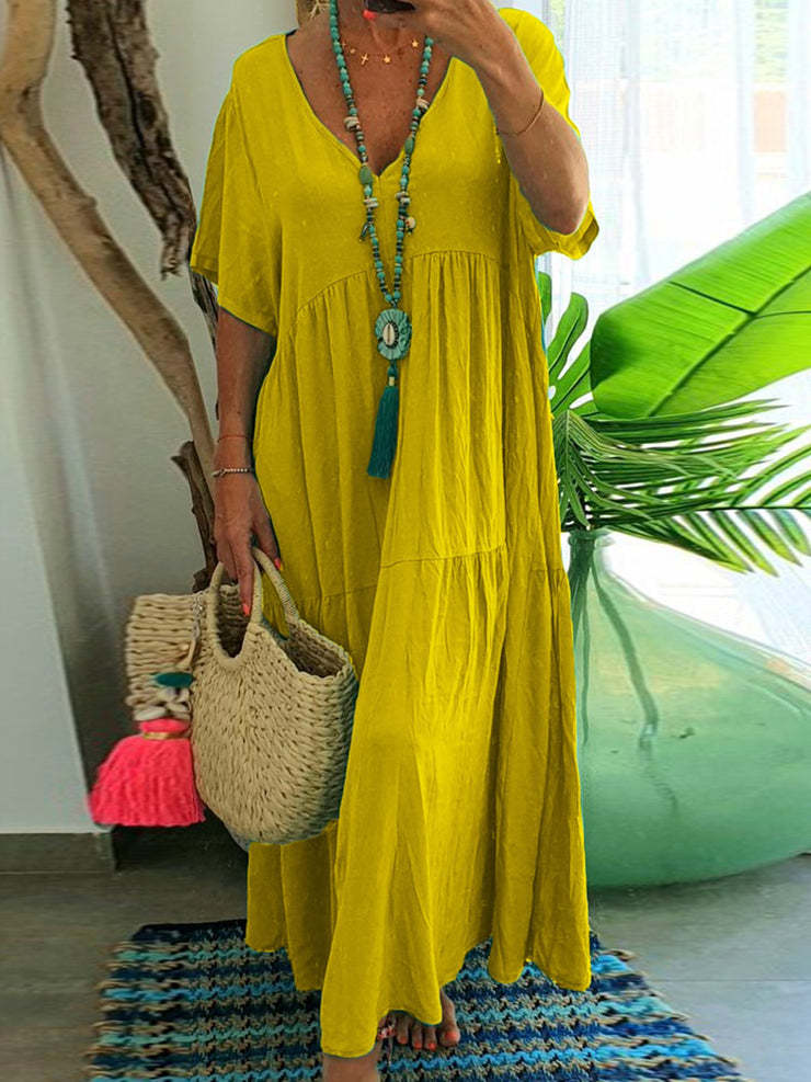 LINNEA™ – Soft Ruffle V-Neck Maxi Dress