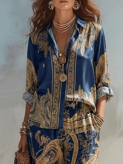 Navy Baroque Print Shirt and Wide Leg Pants Two-Piece Set