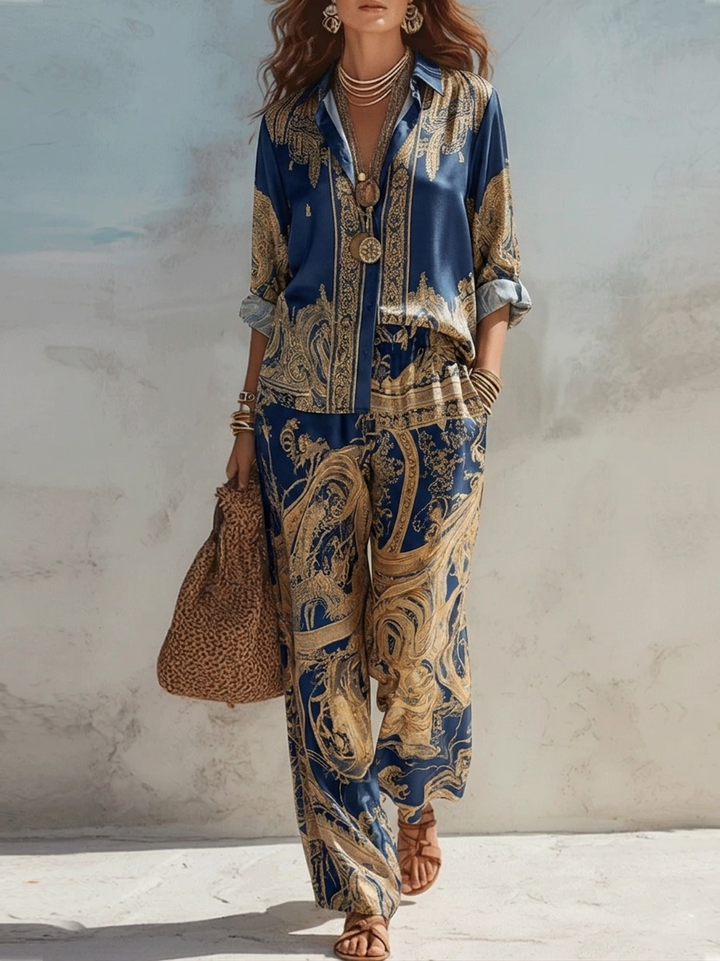Navy Baroque Print Shirt and Wide Leg Pants Two-Piece Set