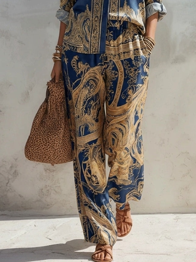 Navy Baroque Print Shirt and Wide Leg Pants Two-Piece Set