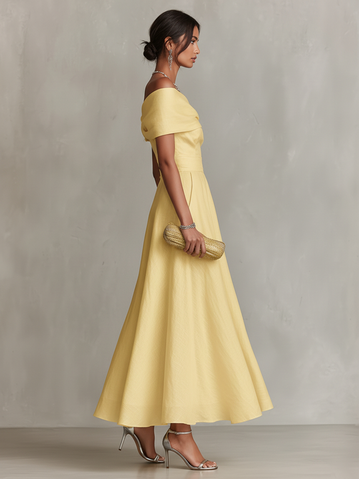 Women's Yellow Linen Dress With One-Shoulder Neckline & Fitted Waist, Timeless Elegant-Chic Style Dress MDZ2630B3I