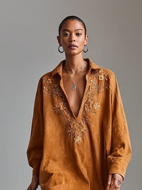 Women's Suede Loose Lapel V-neck Embroidered Long-sleeved Midi Dress MDA1489H9Y