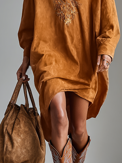 Women's Suede Loose Lapel V-neck Embroidered Long-sleeved Midi Dress MDA1489H9Y