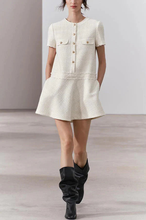 Brit & Boho™ I Lalaine Gold Button Short Sleeve Pocketed Mini Dress Brit & Boho | Fashion & Boutique