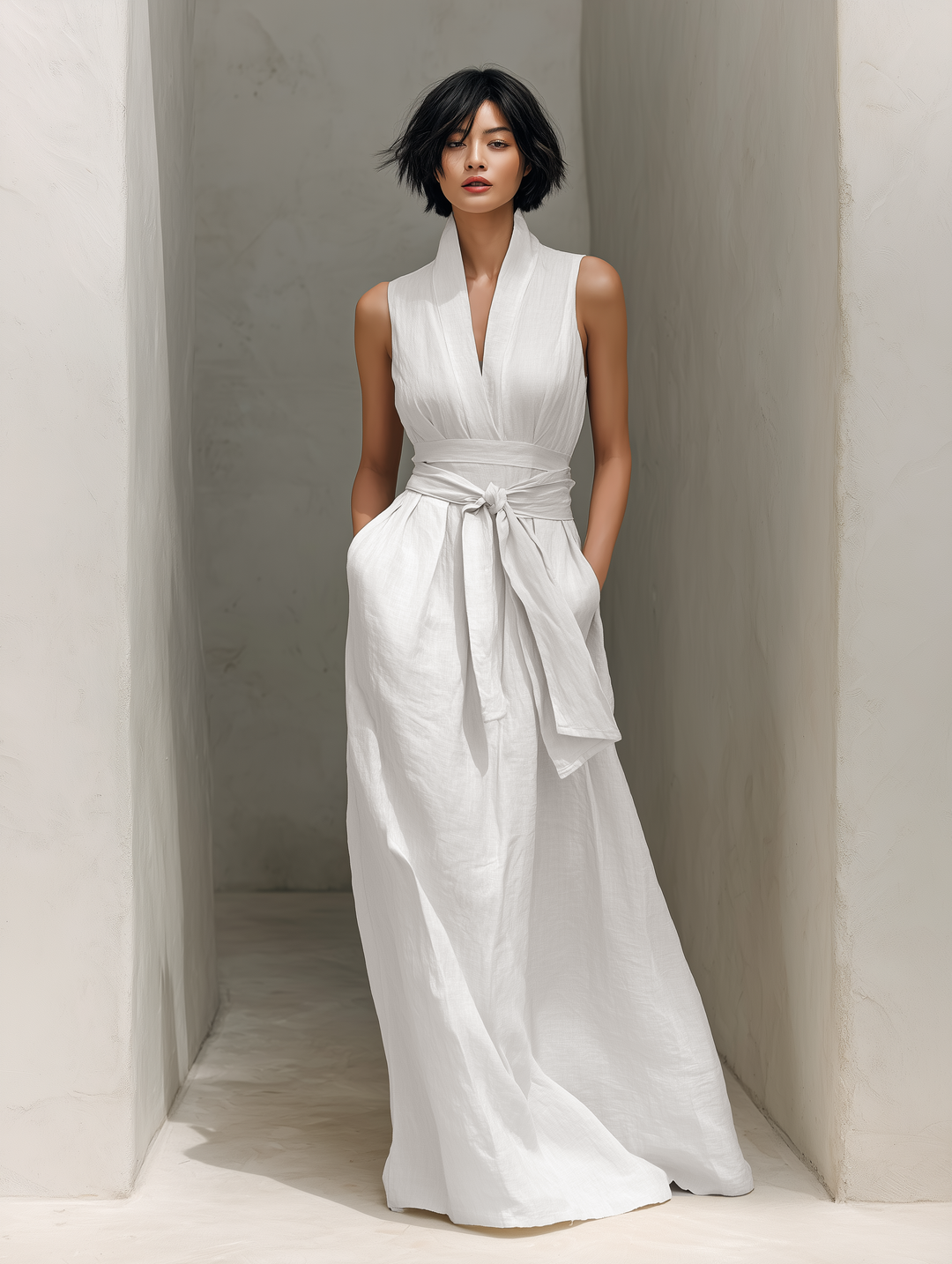Women's Minimalist Cotton And Linen Blend V-neck Belted Sleeveless Maxi Dress MDZ0803A4Y