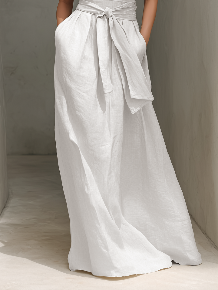 Women's Minimalist Cotton And Linen Blend V-neck Belted Sleeveless Maxi Dress MDZ0803A4Y