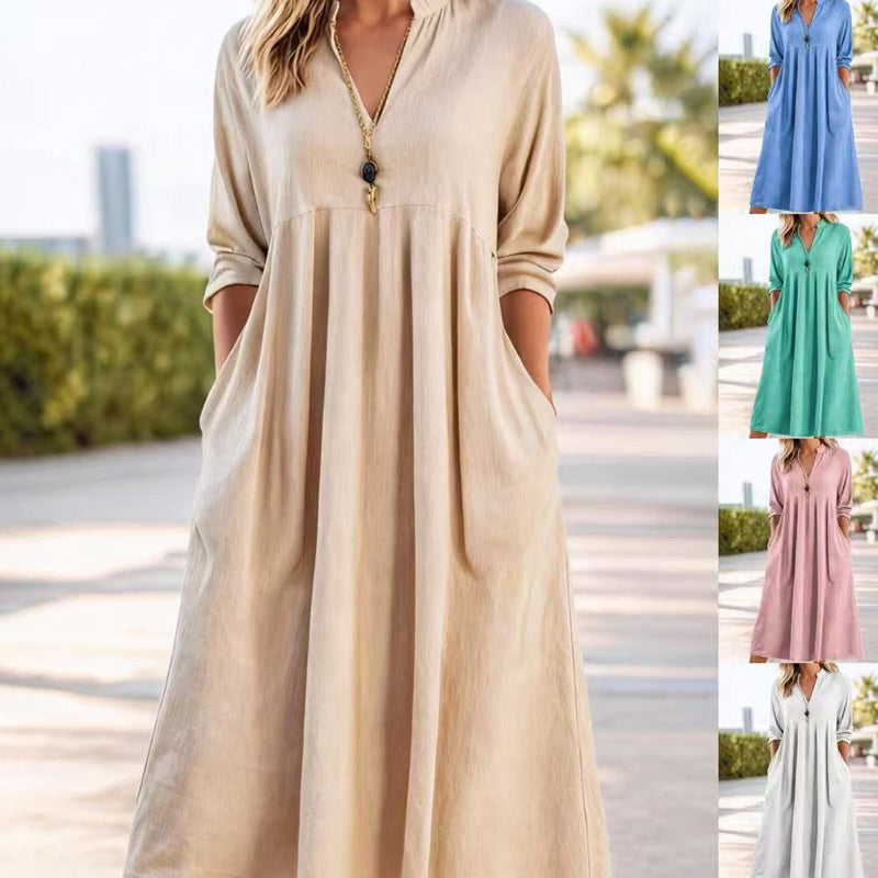 Casual V-Neck Midi Dress with Pockets