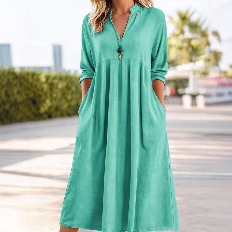 Casual V-Neck Midi Dress with Pockets