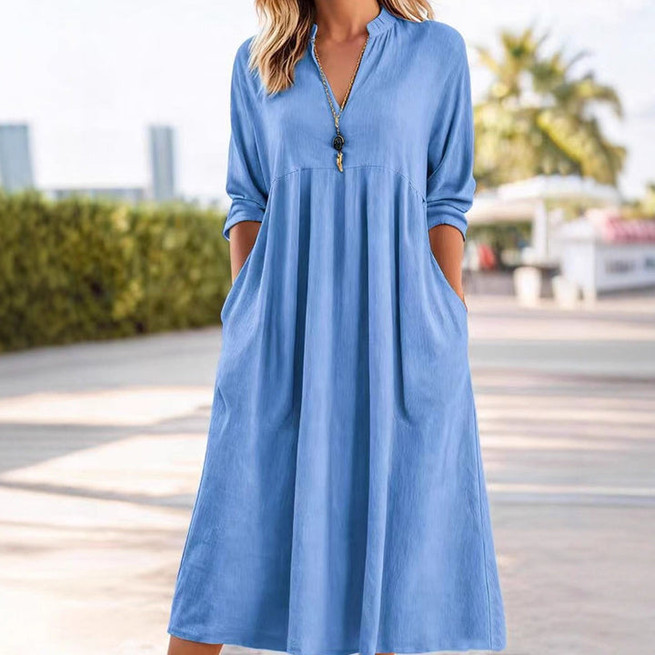 Casual V-Neck Midi Dress with Pockets